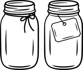 Outline drawing of mason jars with ribbon and tag graphic element