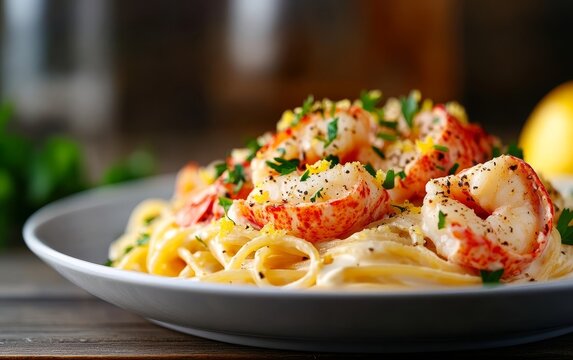 A plate of lobster and shrimp linguine with lemon zest and fresh parsley, a perfect seafood delight