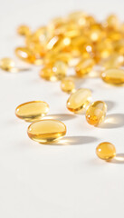 Yellow dietary supplements arranged on white surface, Vitamin D supplements 