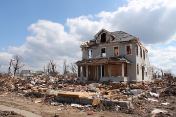 Demolition Cleanup after Tornado Damage. Rebuilding a Destroyed Home with Rubbish and Construction Debris