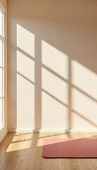 Fototapeta premium Minimalist yoga room with wooden floor and soft light shadows, copy space 