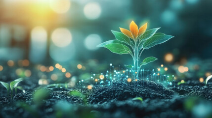 Tech plant growth illustrating fusion of nature and technology for promoting sustainable innovation
