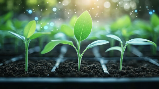 Tech plant growth illustrating fusion of nature and technology for promoting sustainable innovation