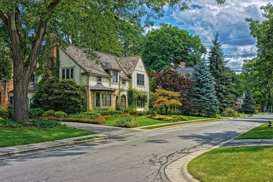 Detroit Neighborhood. North Michigan Community in Bloomfield Village, Typical Suburban Home with Landscaped Yard