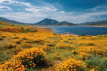 Obraz premium Diamond Valley Lake California. Golden Poppies Field in Superbloom - Meadow Landscape with Blue Sky