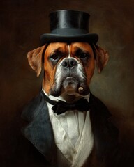 Dog Cigar. Portrait of a Boxer Dog as a Millionaire Aristocrat in Tuxedo and Top Hat