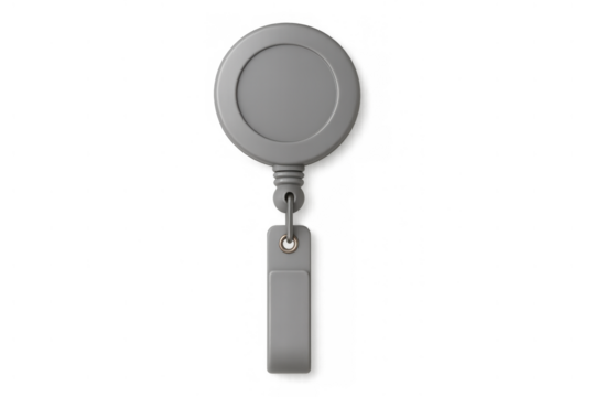 Grey retractable badge reel with clip providing convenient access and security for id cards and key passes