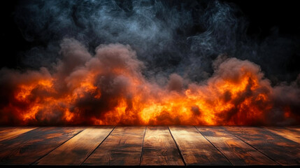 wooden tabletop with dark background of smoky explosion
