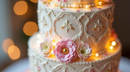 Elegant three tier wedding cake with floral decorations and soft bokeh lights