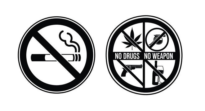 Prohibition symbols depicting no smoking drugs or weapons allowed