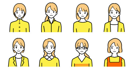 若い女性の笑顔のアバターのイラストセット