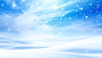 Winter Wonderland: A serene winter landscape with pristine snow and a cerulean sky filled with gentle snowfall, a tranquil scene that evokes a sense of peace and the beauty of winter.