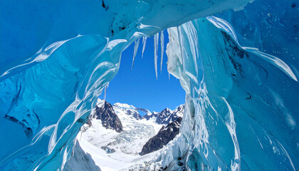 Frozen Cave Vista: A breathtaking icy vista, where intricate formations of glacial ice frame the breathtaking view of snow-capped mountains and a clear, azure sky