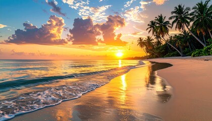 Golden sunset over a tranquil tropical beach with palm trees and gentle ocean waves reflecting the warm sky