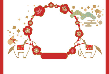 2026年の馬のイラストの和風の年賀状 フォトフレーム付き