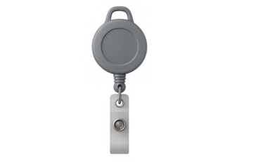 Grey retractable badge reel with white id holder clip, plastic security accessory for access control, transparent background