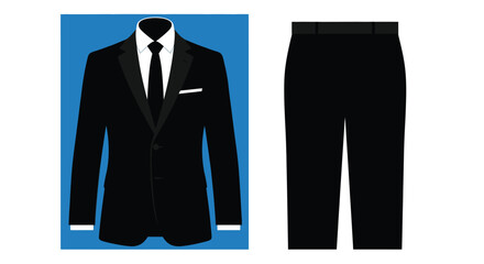 Elegant black suit and matching trousers displayed on a blue background