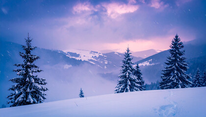 Winter Wonderland: An awe-inspiring vista of snow-covered pine trees, rolling hills and distant mountains under a dramatic, twilight sky.