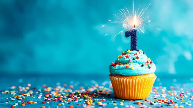 Blue cupcake with birthday candle colorful sprinkles celebration