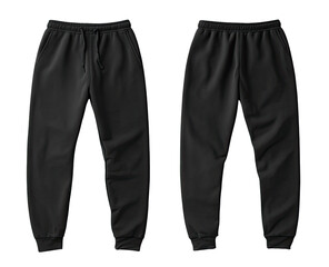 Black sweatpants, front and back views,  showing drawstrings