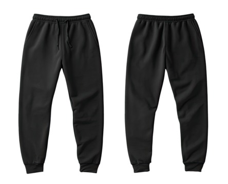 Black sweatpants, front and back views,  showing drawstrings