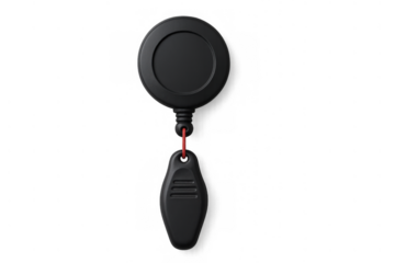 Black retractable badge reel with security id key fob for access control and identification systems on transparent background