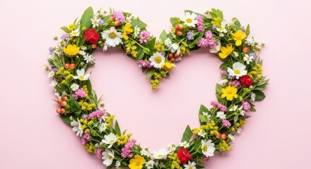 Colorful Blooming Heart Made of Fresh Flowers on a Soft Pink Background for Cheerful Celebrations