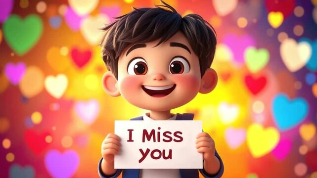 Cartoon boy holding "I Miss You" sign, smiling, against a heart-filled blurred background