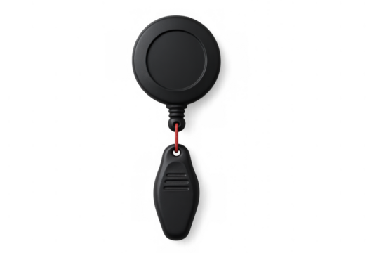 Black retractable badge reel with security id key fob for access control and identification systems on transparent background
