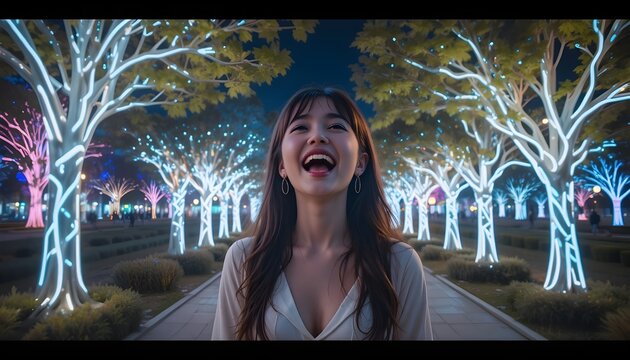 &ldquo;Crying with joy in a futuristic park lit by neon trees, date hologram reads 01.11.2025.&rdquo;
