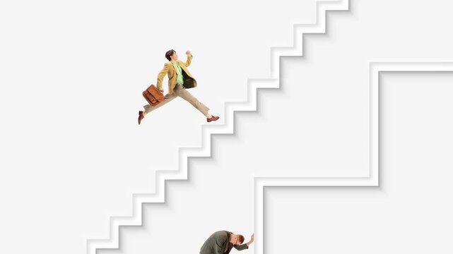 Playful stop motion. Businessmen on staircase symbolizing struggle and achievement. Concept of hard work, ambition, progress path, and emotional determination.