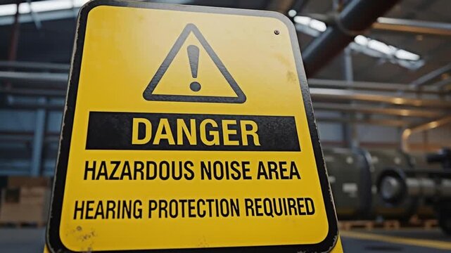 Safety warning sign for industrial noise pollution.