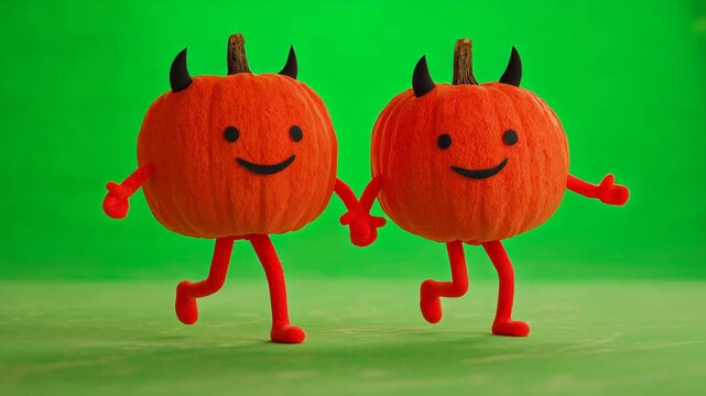 Pumpkin pals with devil horns holding hands vibrant green backdrop