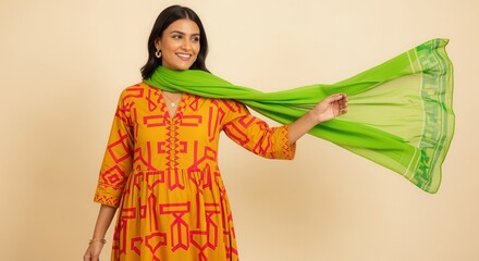 A happy woman in a colorful ethnic dress with a flowing green scarf. Modern South Asian fashion and style. Joyconomy trend concept with copy space