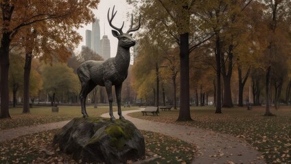 Majestic Deer Statue in Autumn Park with Trees and Pathway.