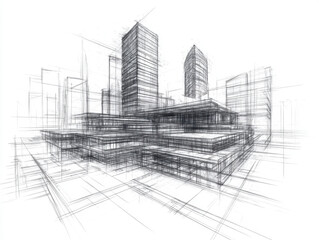 Modern Architecture building construction perspective design, building sketch line drawing on white background