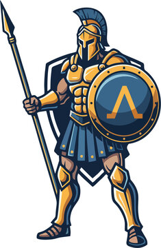 Spartan Warrior Mascot Vector Illustration &ndash; Gold Armor, Blue Lambda Shield, Helmet Crest, and Spear, Ancient Greek Hoplite Hero