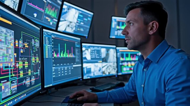 A man using computer monitor for the concept of technology and surveillance.