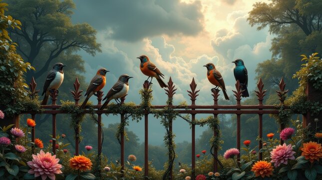 A flock of birds perched on a garden fence surrounded by flowers and trees - Powered by Adobe