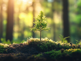 Young tree growing in moss and green nature background