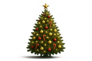 Christmas tree decorated with a golden star, red and gold baubles, candy canes, and warm string lights