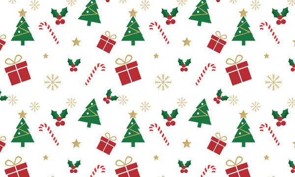 Seamless classic Christmas pattern in vector style with fir trees, snowflakes, gifts and candy canes. Festive background for winter and New Year projects.