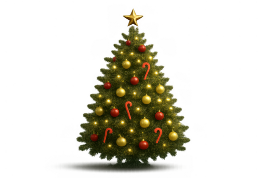 Christmas tree decorated with a golden star, red and gold baubles, candy canes, and warm string lights