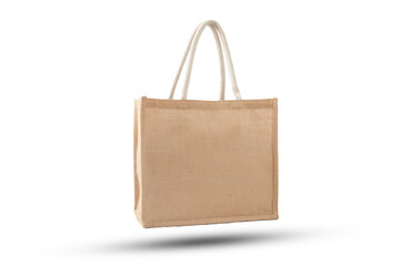 Jute tote bag or sackcloth bag on white background. Eco-friendly reusable shopping bag Isolated On...
