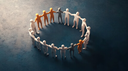 A group of stylized figures holding hands in a circular formation