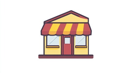 Small storefront, striped awning, open for business, simple background, website icon