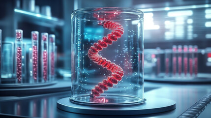 laboratory scene featuring colorful capsules and a spiral structure inside a glass container