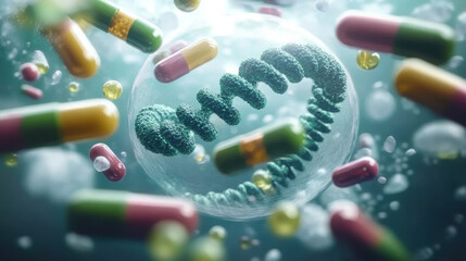 visualization of a cell containing DNA strands surrounded by colorful capsules