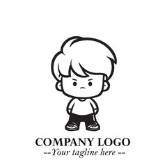 Black and White Chibi Boy Illustration with Jacket and Boots in Bold Thick Line Art Minimal Style