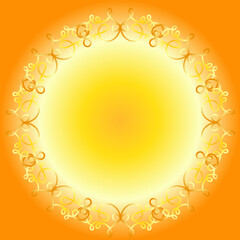 An original round frame drawn in a linear style on a bright orange background